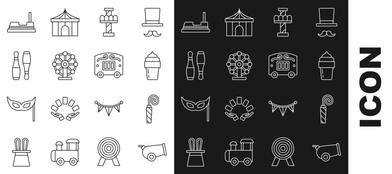 Set line Cannon, Birthday party horn, Ice cream, Attraction carousel, Ferris wheel, Bowling pin, Bumper and Circus wagon icon. Vector