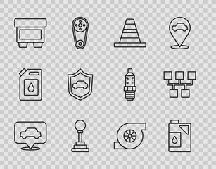 Set line Car service, Canister for motor oil, Traffic cone, Gear shifter, Fuse, with shield, Automotive turbocharger and icon. Vector