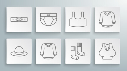 Set line Man hat, Men underpants, Sweater, Socks, Undershirt, and Belt icon. Vector