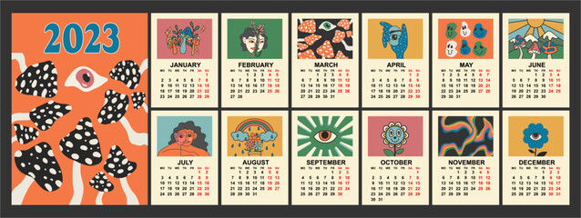 Retro clockwork 2023 calendar template with cartoon funny characters flower power, fly agaric, eye, smiley, rainbow, clockwork mushrooms. Vector. Vertical calendar. - obrazy, fototapety, plakaty