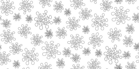 Christmas seamless pattern with outline silhouettes of snowflakes in childlike naive scribble style. Greeting card, gift packaging, wrapping paper. Funny scrabble style collection for happy new year. 