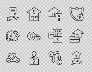 Set line Car with shield, Realtor, House dollar, contract, rental, Rent key and Credit card icon. Vector