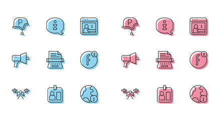 Set line Drone, Journalist id card, War journalist, World news, Retro typewriter, Create account, Megaphone and Information icon. Vector