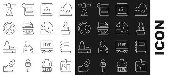 Set line Journalist id card, Notebook, Breaking news, Live stream, Retro typewriter, Censored stamp, Satellite and World icon. Vector