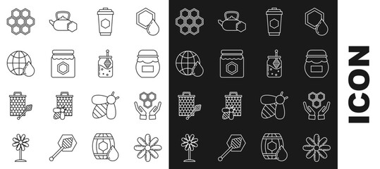 Set line Flower, Honeycomb and hands, Jar of honey, Cup tea with, map the world, and dipper stick icon. Vector