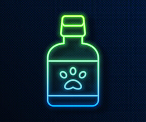 Glowing neon line Dog medicine bottle icon isolated on blue background. Container with pills. Prescription medicine for animal. Vector