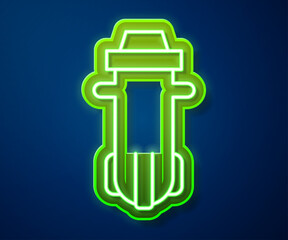 Obraz premium Glowing neon line Water filter icon isolated on blue background. System for filtration of water. Reverse osmosis system. Vector