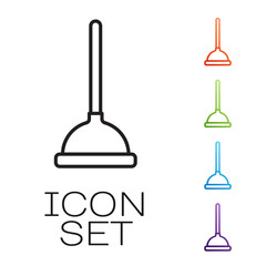 Black line Rubber plunger with wooden handle for pipe cleaning icon isolated on white background. Toilet plunger. Set icons colorful. Vector