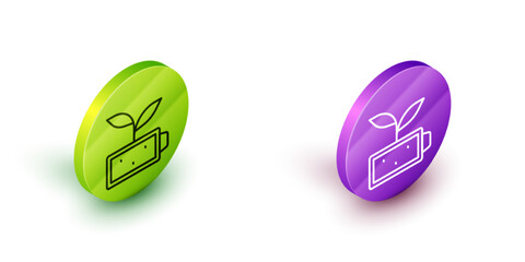 Obraz na płótnie Canvas Isometric line Eco nature leaf and battery icon isolated on white background. Energy based on ecology saving concept. Green and purple circle buttons. Vector
