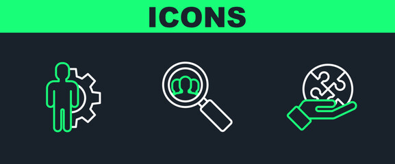 Set line Piece of puzzle in hand, Human with gear inside and Magnifying glass for search people icon. Vector