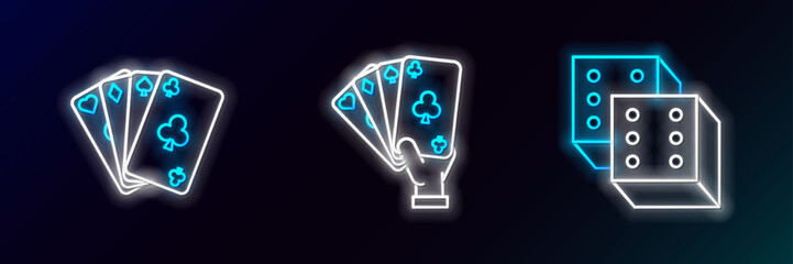 Set line Game dice, Playing cards and Hand holding playing icon. Glowing neon. Vector