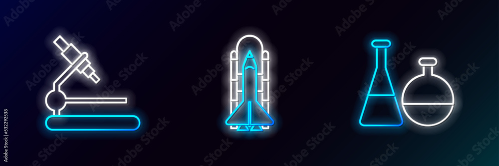 Wall mural set line test tube and flask chemical laboratory, microscope and space shuttle rockets icon. glowing