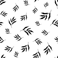 Fototapeta na wymiar Seamless tropical leaf pattern. Black and white botanical pattern. Floral digital paper in a minimalistic Scandinavian style.