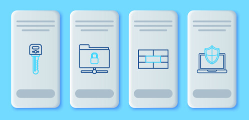 Set line FTP folder and lock, Bricks, Key and Laptop protected with shield icon. Vector