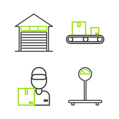 Set line Scale, Delivery man with cardboard boxes, Conveyor belt and Closed warehouse icon. Vector