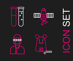 Set line Rat, Assistant, Satellite and Test tube and flask chemical laboratory icon. Vector