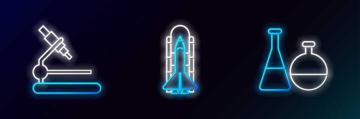 Set line Test tube and flask chemical laboratory, Microscope and Space shuttle rockets icon. Glowing neon. Vector