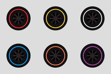 Set different types of tires for racing cars - soft, medium, hard, intermediate. Illustration of wheels for F1 Team car at Formula One. Vector illustration