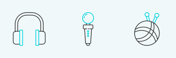 Set line Yarn ball with knitting needles, Headphones and Joystick for arcade machine icon. Vector