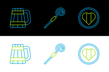 Set line Heart and Happy Saint Patrick day, Wooden beer mug and Walking stick icon. Vector