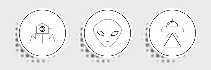 Set line UFO flying spaceship, Mars rover and Alien icon. Vector