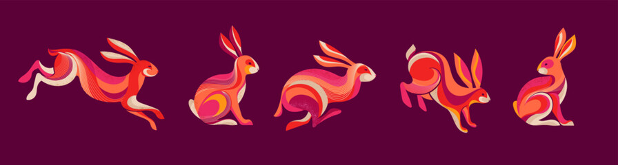 Collection of running, jumping rabbits, bunnies illustrations. Chinese new year 2023 year of the rabbit, Chinese zodiac symbol.  - obrazy, fototapety, plakaty