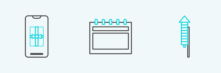 Set line Firework rocket, Smartphone with gift box and Calendar icon. Vector