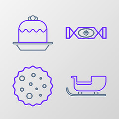 Set line Christmas santa claus sleigh, Cookie or biscuit with chocolate, Candy and Cake icon. Vector