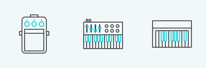 Set line Music synthesizer, Guitar pedal and icon. Vector