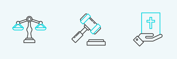 Set line Oath on the Holy Bible, Scales of justice and Judge gavel icon. Vector