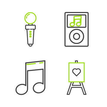 Set line Wood easel or painting art boards, Music note, tone, player and Joystick for arcade machine icon. Vector