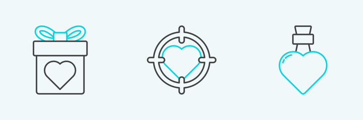 Set line Bottle with love potion, Gift box heart and Heart in the center of darts target aim icon. Vector