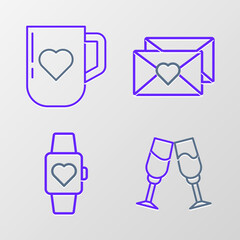 Set line Glass of champagne, Heart in the center wrist watch, Envelope with Valentine heart and Coffee cup and icon. Vector