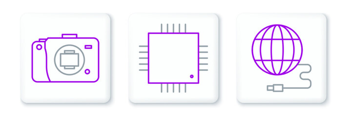 Set line Social network, Mirrorless camera and Processor with microcircuits CPU icon. Vector