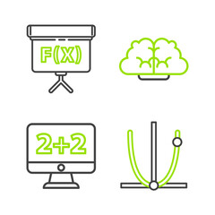 Set line Graph, schedule, chart, diagram, Equation solution, Human brain and Chalkboard icon. Vector