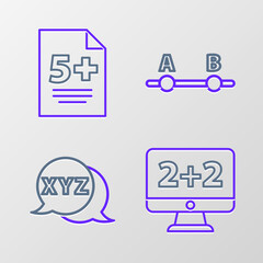 Set line Equation solution, XYZ Coordinate system, Graph, schedule, chart, diagram and Test exam sheet icon. Vector