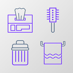 Set line Towel on a hanger, Trash can, Hairbrush and Wet wipe pack icon. Vector