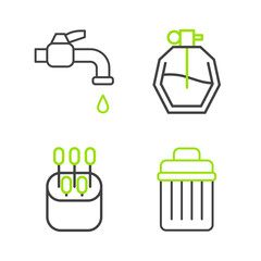 Set line Trash can, Cotton swab for ears, Perfume and Water tap icon. Vector