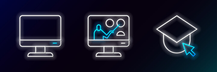 Set line Graduation cap on globe, Computer monitor screen and Online education icon. Glowing neon. Vector