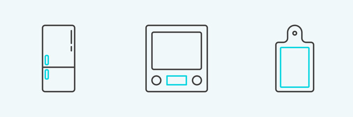 Set line Cutting board, Refrigerator and Electronic scales icon. Vector