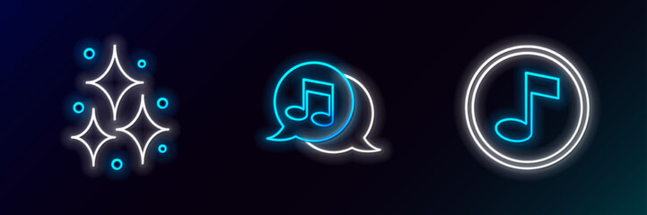 Set line Music note, tone, Firework and Musical in speech bubble icon. Glowing neon. Vector