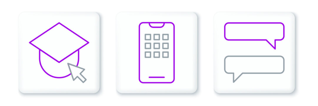 Set line Speech bubble chat, Graduation cap on globe and Mobile phone icon. Vector
