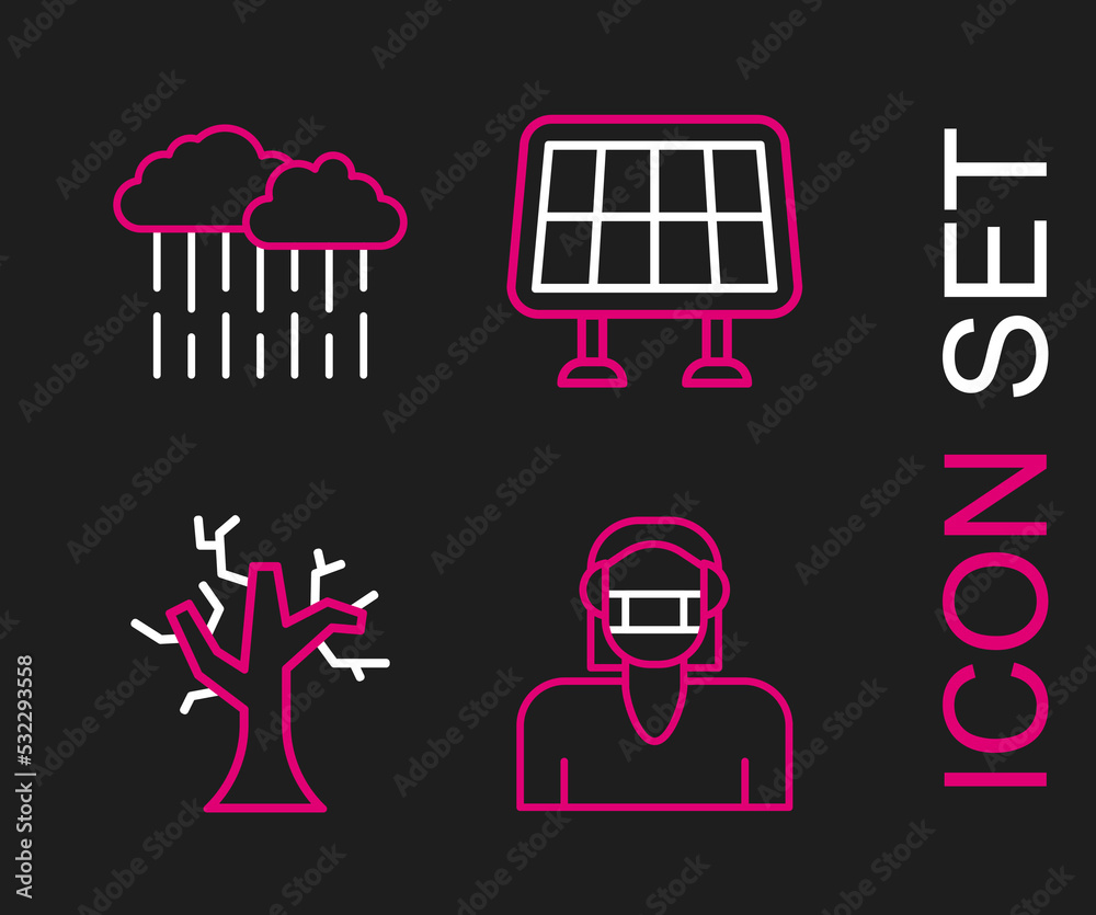 Canvas Prints Set line Face in protective mask, Withered tree, Solar energy panel and Cloud with rain icon. Vector