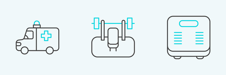 Set line Bathroom scales, Ambulance and emergency car and Bench with barbel icon. Vector