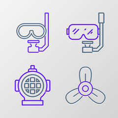 Set line Boat propeller, turbine, Aqualung, Diving mask and snorkel and icon. Vector