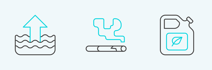 Set line Bio fuel canister, Rise in water level and Cigarette icon. Vector
