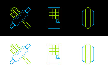 Set line Hotdog sandwich, Kitchen whisk rolling pin and Chocolate bar icon. Vector