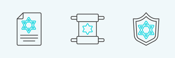 Set line Shield with Star of David, Torah scroll and icon. Vector