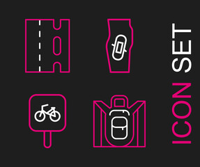 Set line Hiking backpack, Bicycle parking, Plaster on leg and lane icon. Vector