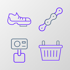 Fototapeta premium Set line Bicycle basket, Action extreme camera, chain and shoes icon. Vector